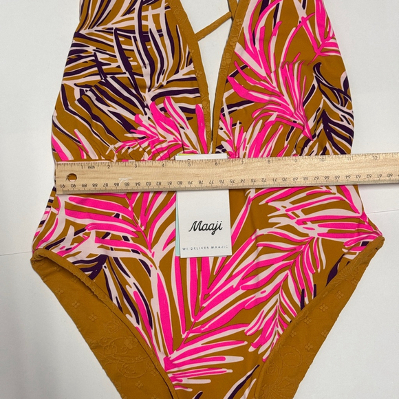 Maaji Caramel Brown Safri Plunge One Piece SwimSuit Reversible Small NWT - Picture 8 of 11